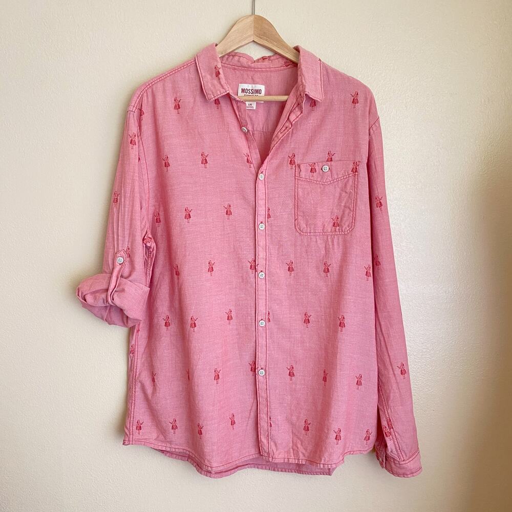 Mossimo Supply Co Mens Large Pink Red Hawaiian Dancing Ladies Roll Tab Sleeve